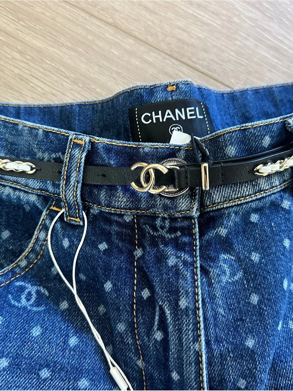 CHANEL Black Leather and Silver Chain Waist Belt with CC Logo
